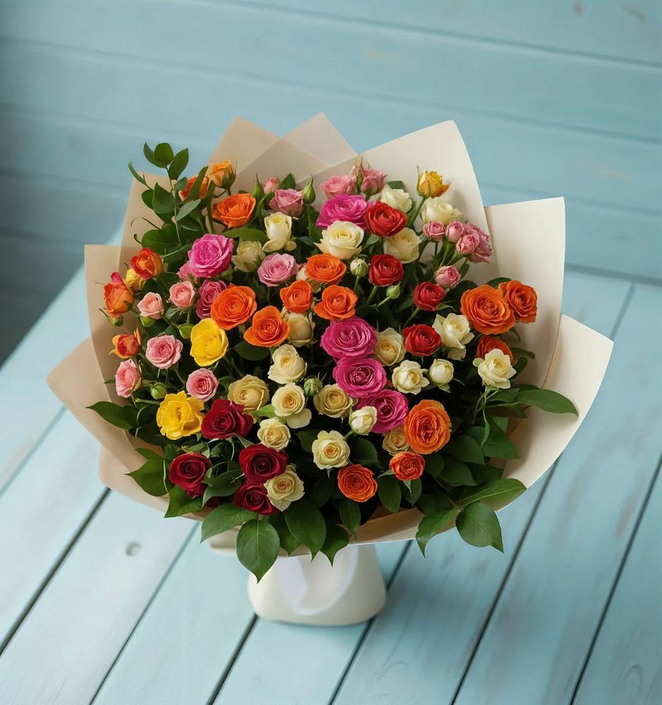 Букет Микс из разноцветных кустовых роз в Верхнем Икорце