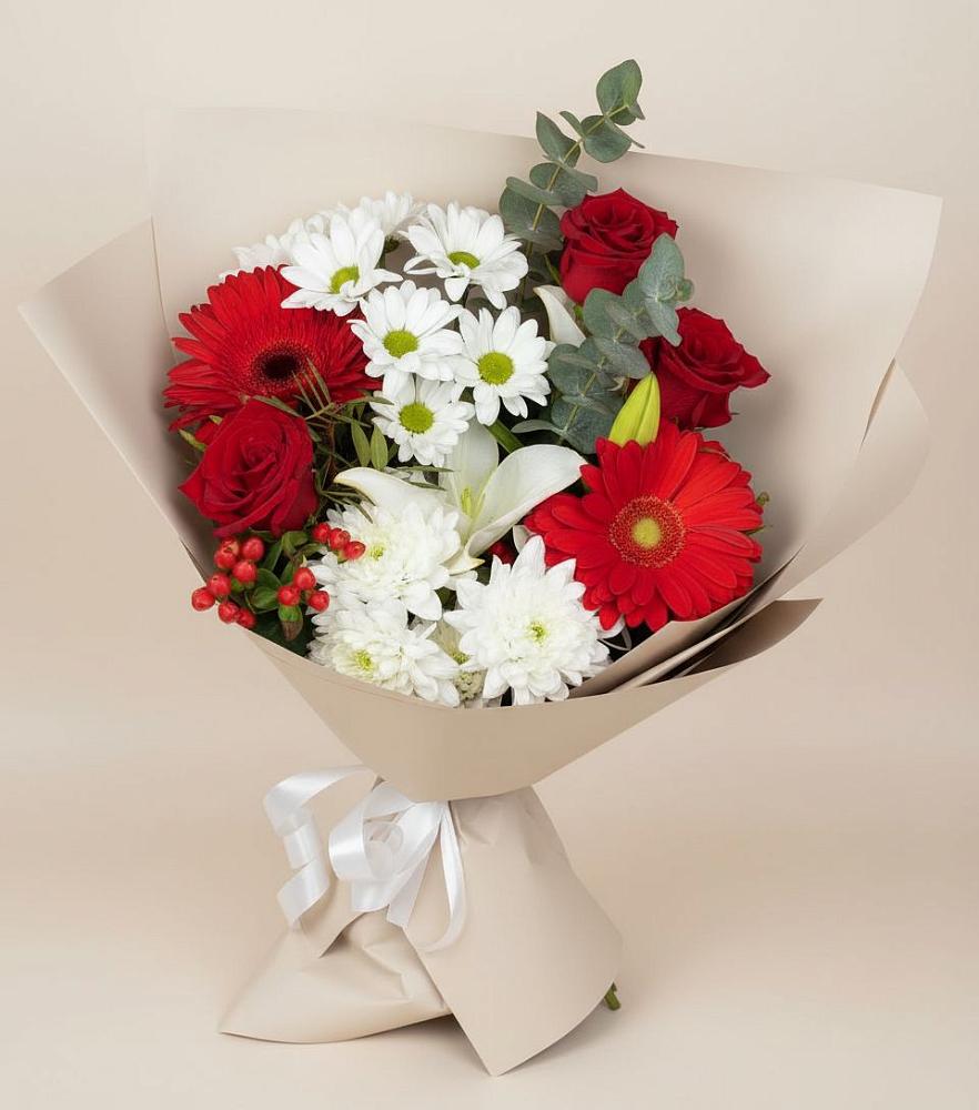 Букет цветов из: Розы, Хризантемы, Герберы и Лилии в Верхнем Икорце