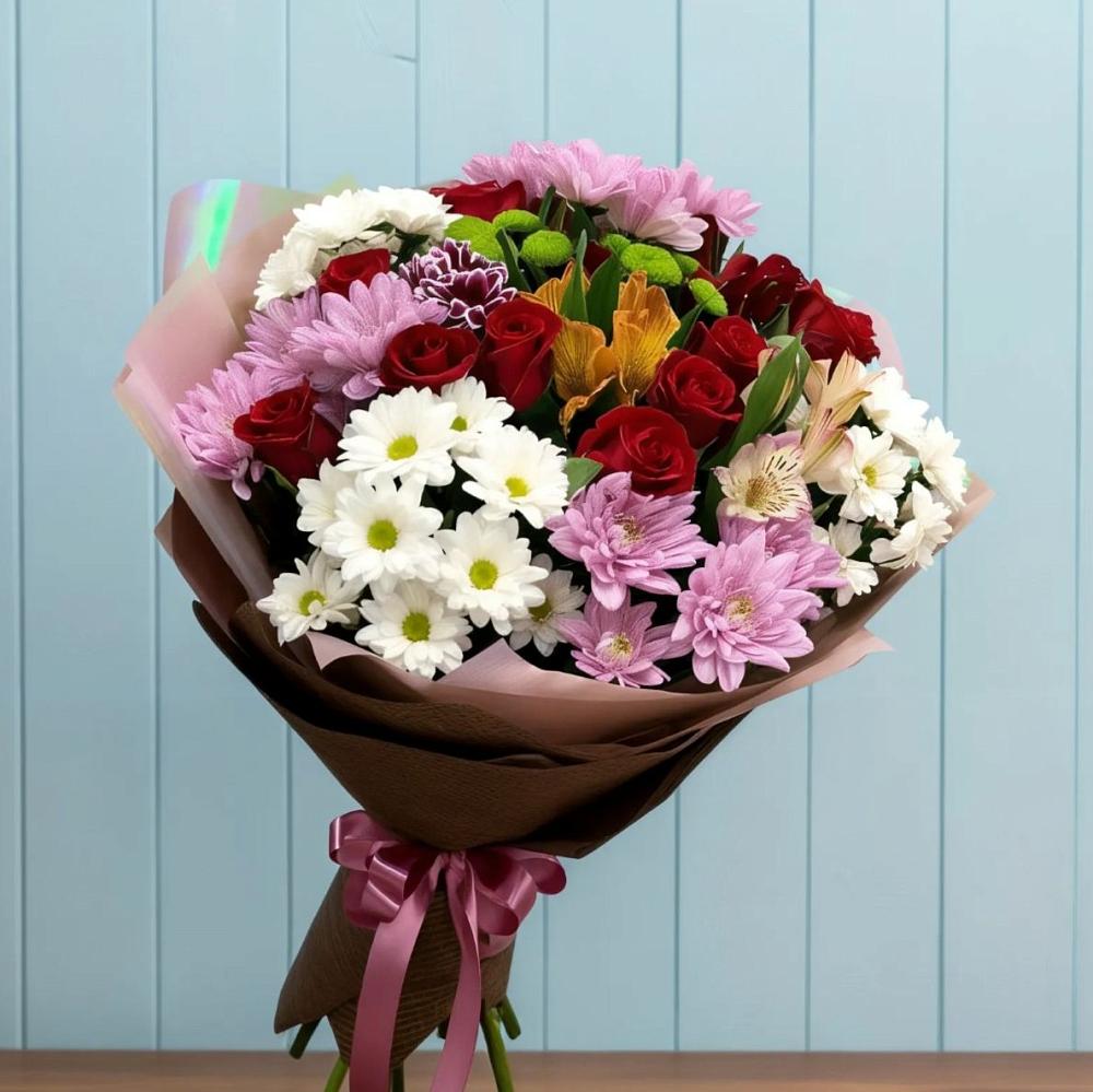 Букет цветов из: Розы, Хризантемы и Альстромерии в Верхнем Икорце